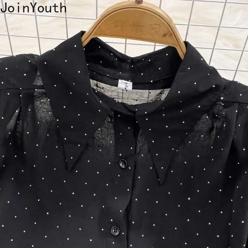 Temperament Women Clothing 2 Piece Set Polka Dot Chiffon Shirt High Waist Tunic Bodycon Skirt Outfits Roupas Femme Summer Suit
