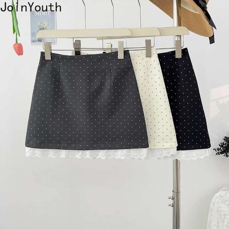 Bodycon Women Skirt 2025 Faldas Mujer De Moda High Waist Tunic Polka Dot Jupe Fashion Vintage Saia Patchwork Lace Mini Skirts