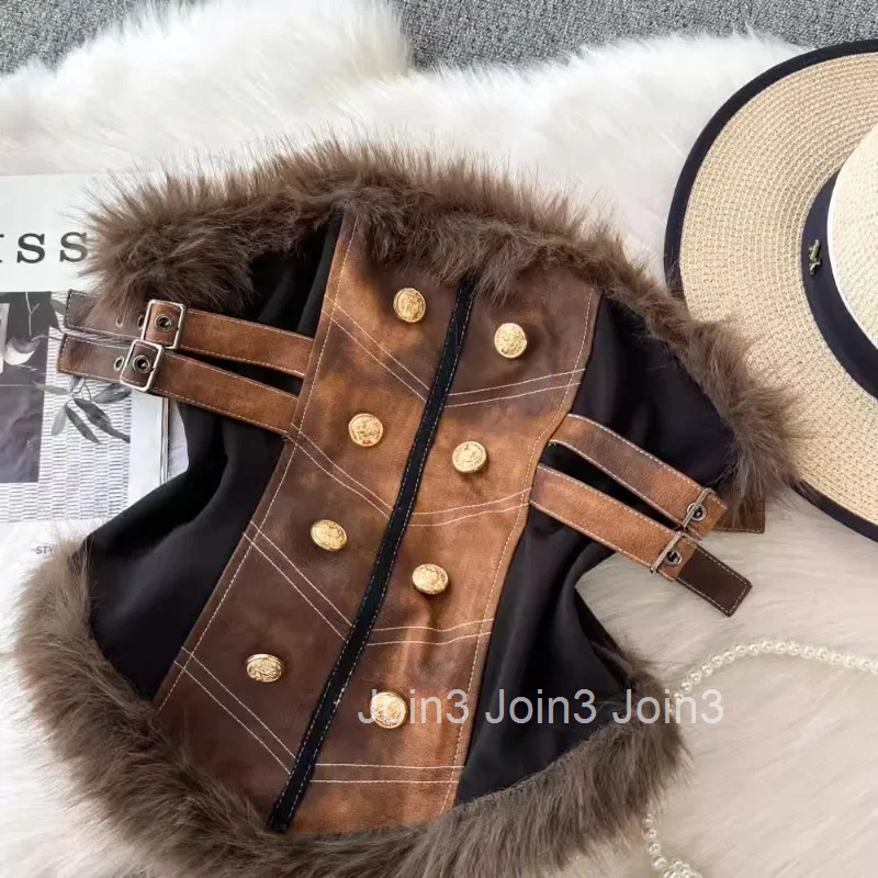 Crop Top Womens Clothing Korean Vest Double-breasted Patchwork Furry Slim Fit Temperament Camis Y2k Tops Fashion Summer Tanks