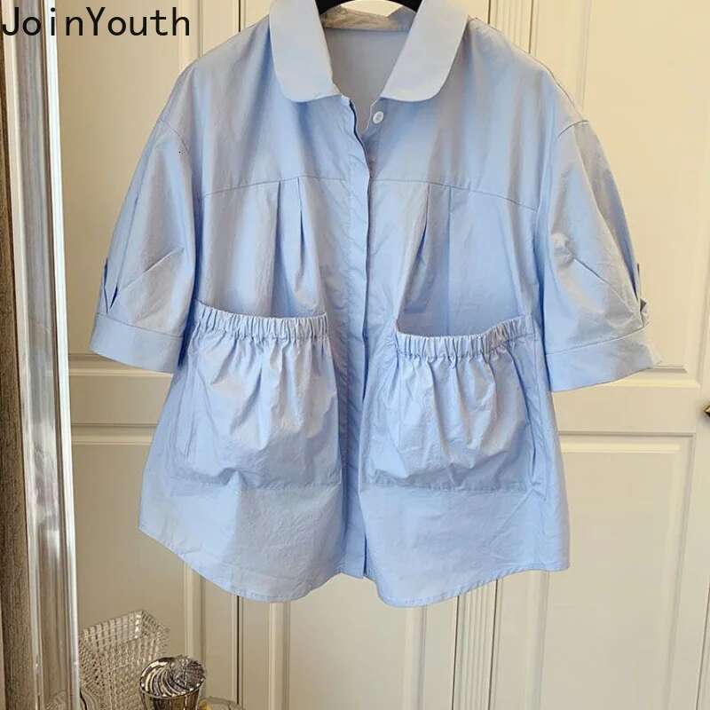 White Women Shirts 2025 Blusas Mujer De Moda Short Sleeve Pocket Vintage Blouse Loose Folds Summer Korean Blouses Tops 27p099