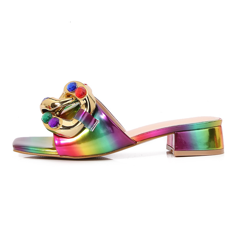 2024 New Cross-Border Trade Plus Size Sandals Slippers New European and American Colorful Metal Rhinestone Square Toe Wedge Shoes