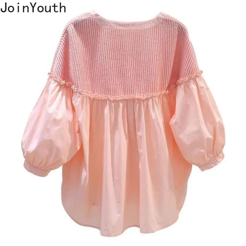 Cotton Blouses Women Patchwork Pink Shirt Loose Summer Sweet Ruffles Blouse O-neck Lantern Sleeve Tops 2025 Blusas Mujer De Moda