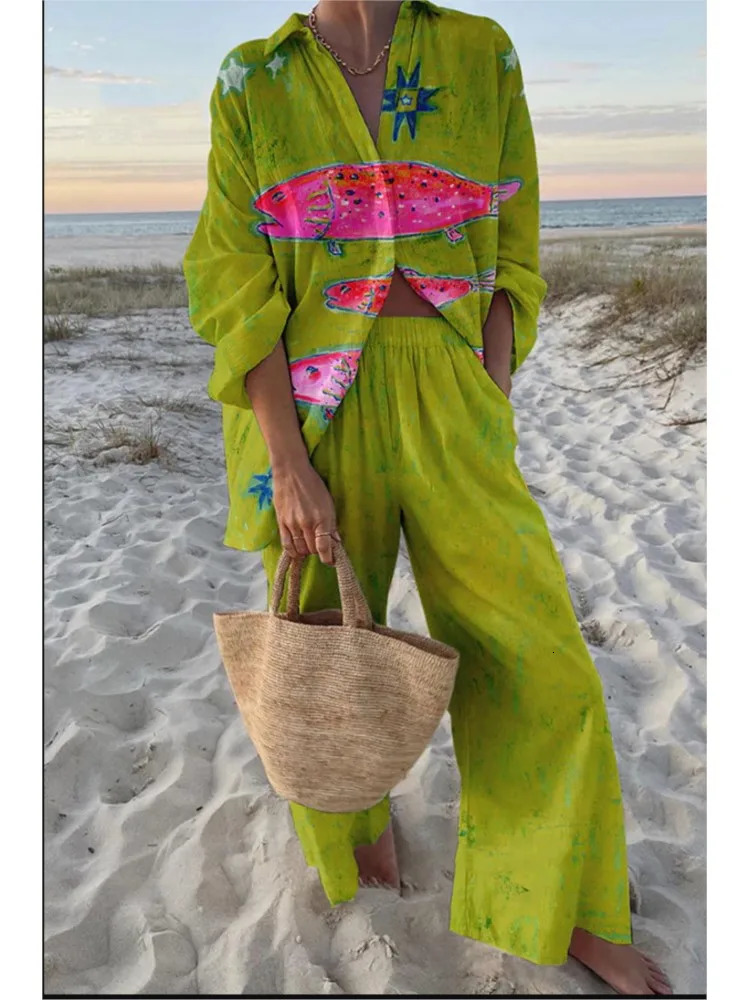 Casual Boho Print Set For Women Fashion Long Sleeve Tops High Waist Wide Leg Pants Two Piece Sets Lady Holiday Womens Clothing 250617