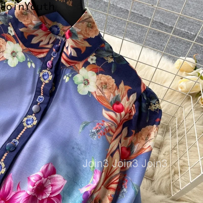 Vintage Dresses Women 2025 Vestidos De Mujer Stand Neck Lantern Sleeve Floral Tunic Robe Femme Single Breasted Summer Maxi Dress