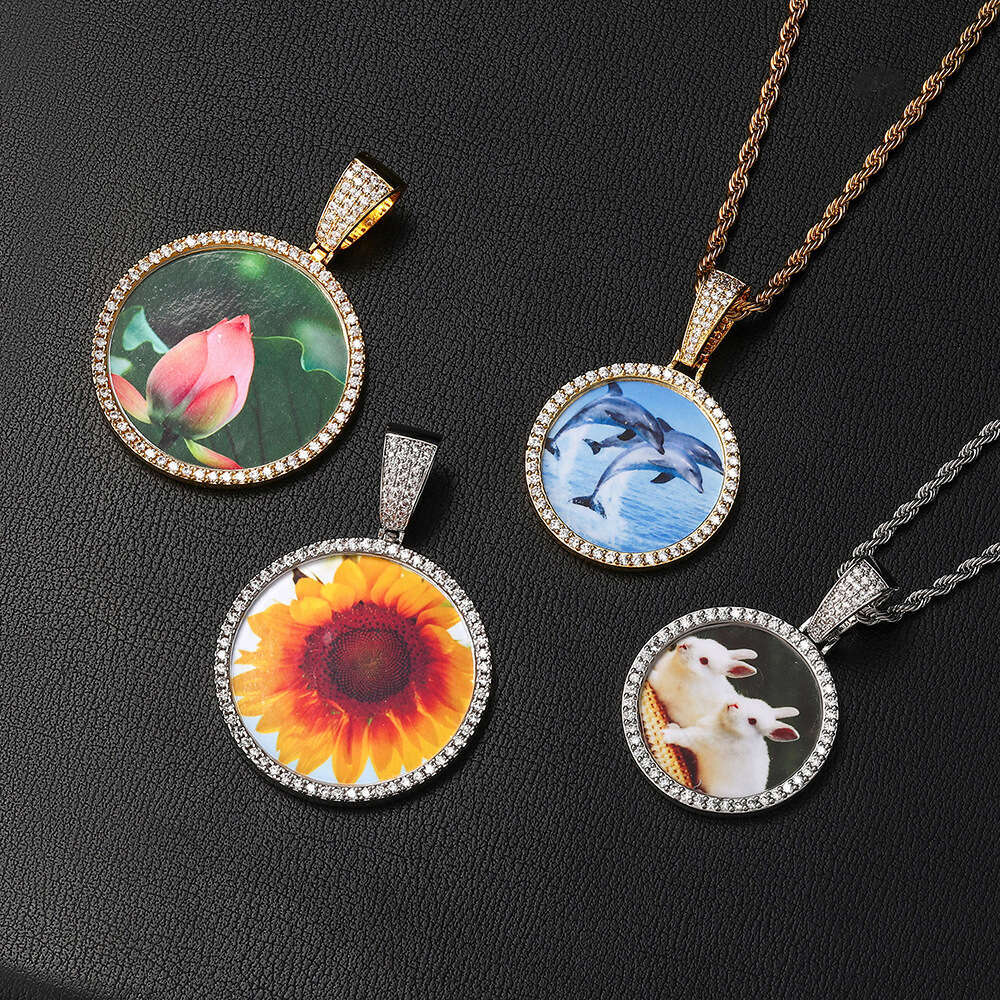 New Small Round Pendant Micro Paved Zircon Trendy Hip Hop Photo Frame Men's Necklace 1d99