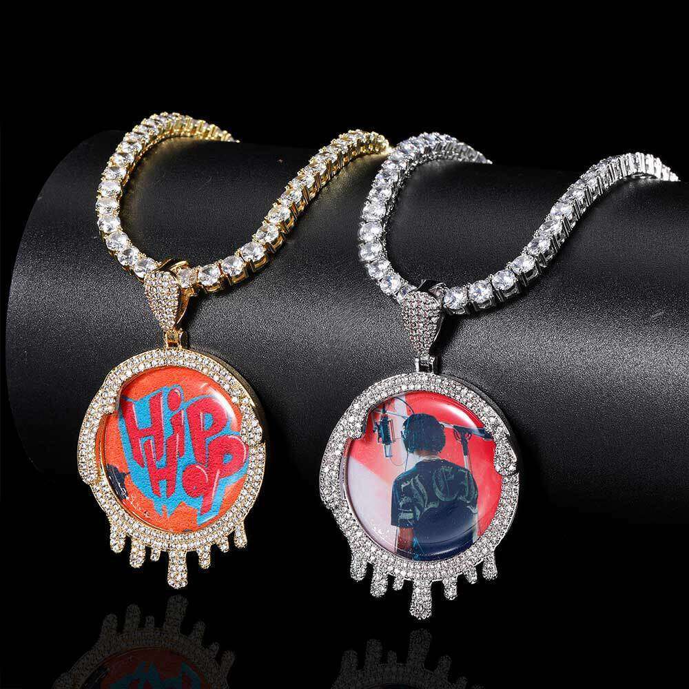 New Hip-Hop Jewelry Round Water Drop Photo Frame Pendant Micro-Paved Zircon Personality Creative DIY Necklace d5bd