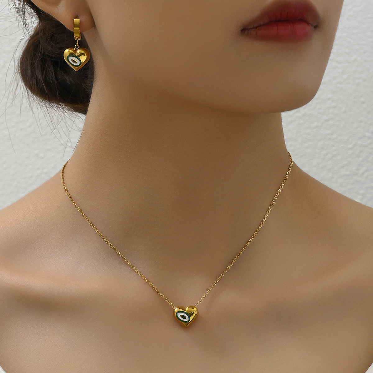 Fashion Commuter Style Personality Necklace And Earring Set Heart Oil Drop Design High-End Sense Ear Buckle Jewelry