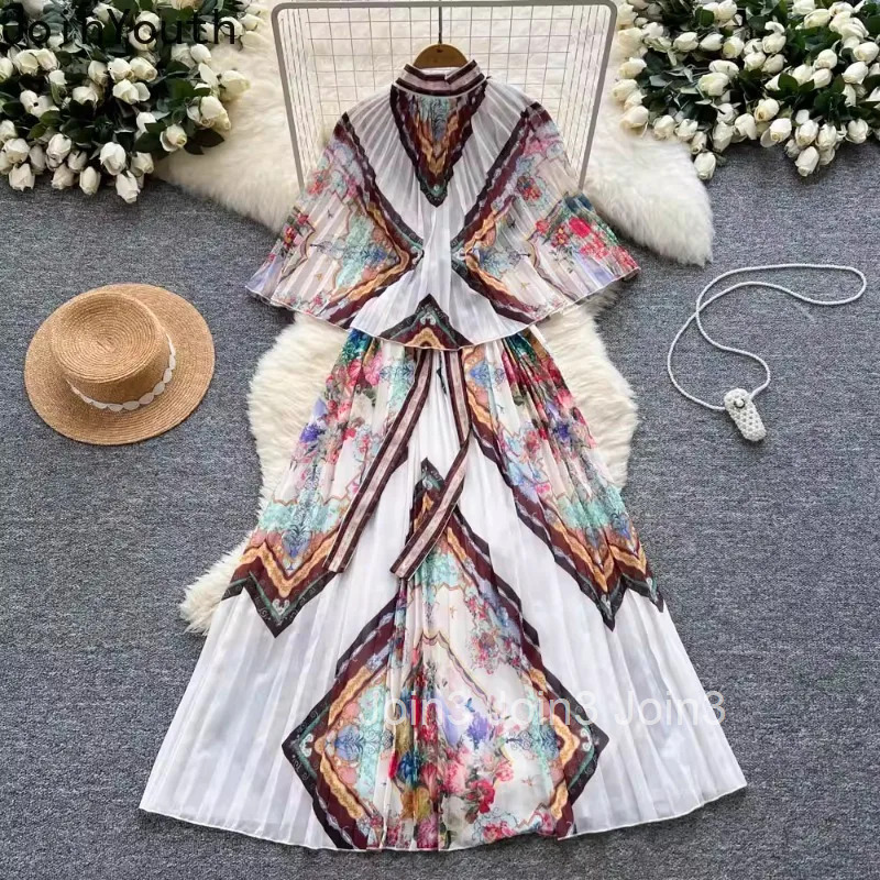 2025 Vestidos De Mujer Vintage Maxi Dresses for Women Slim Waist Bandage Temperament Floral Robe Femme Big Swing Pleated Dress