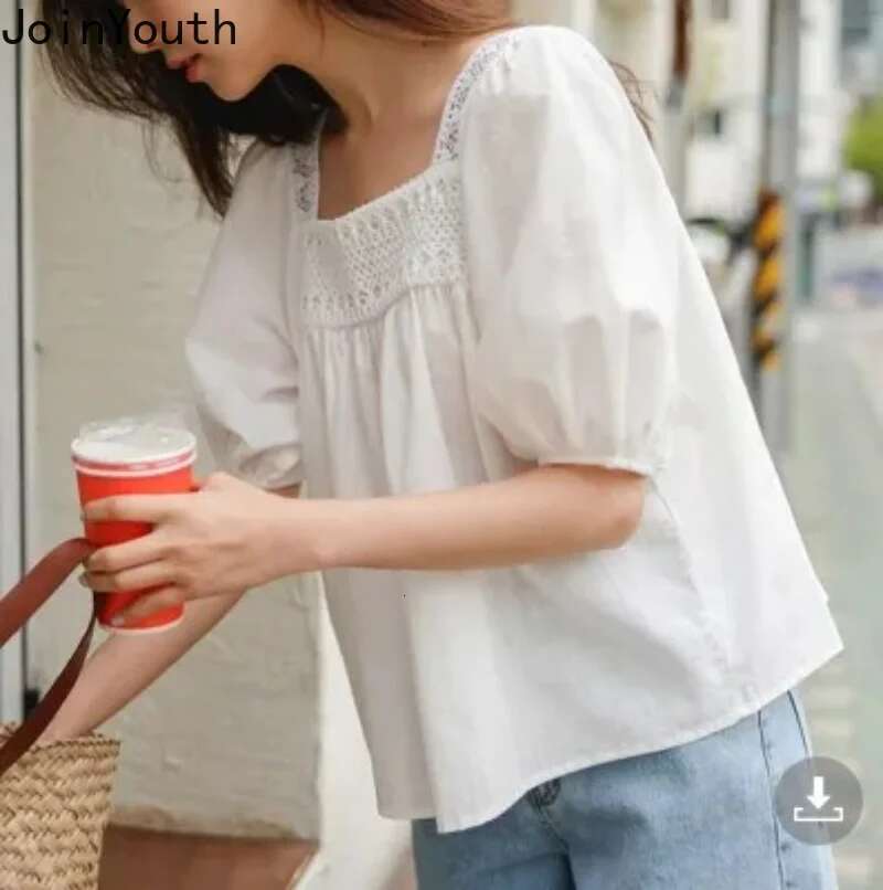 Summer Blouse Women Square Collar Short Sleeve Loose Shirts 2025 Blusas De Mujer Vintage Loose Blouses Hollow Out Korean Tops