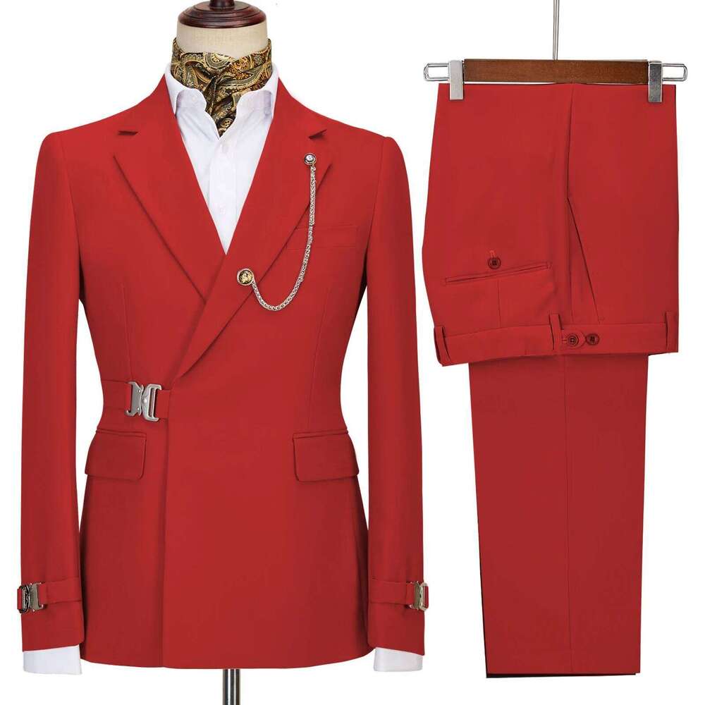 Elegant Men's 2 Pieces Fashion Metal Buckle Jacket Boutique Business Casual Suit Coat Groom Wedding Dress (Blazers+Pants)