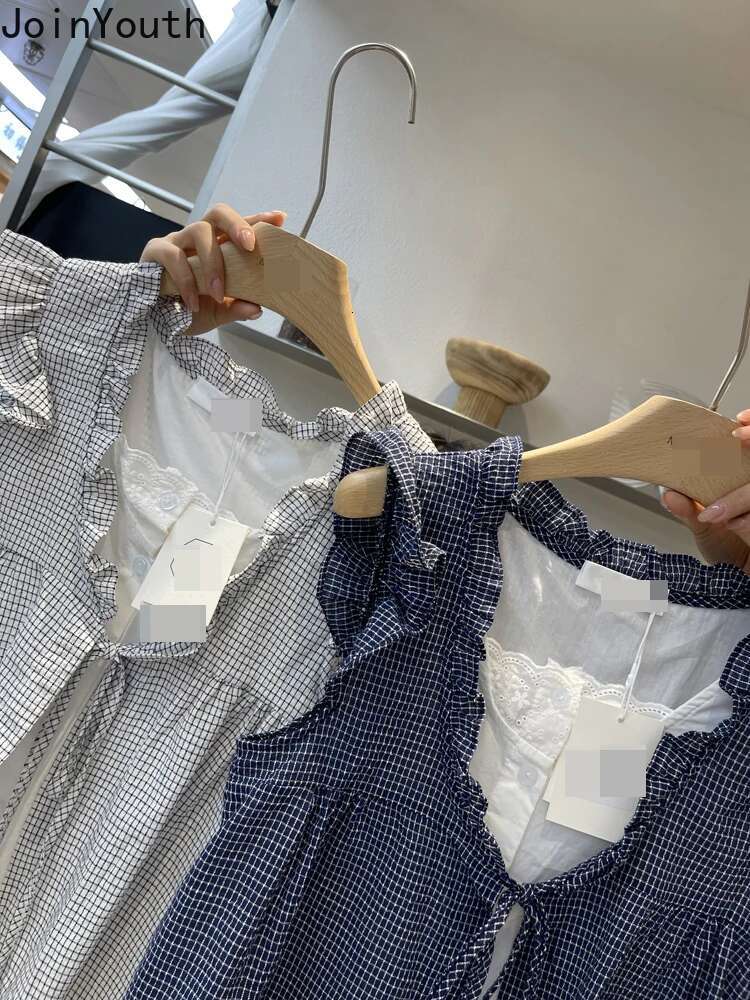 Fake Two Blouses for Women 2025 Blusas Mujer De Moda Contrast Color Plaid Sleeveless Ruffles Shirts Loose Summer Vintage Tops