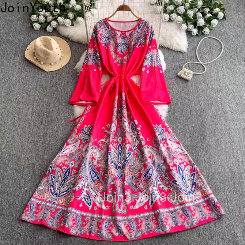 Floral Womens Dress Flare Sleeve Badnage Slim Waist Robe Femme 2025 Vestidos De Mujer Summer Elegant Big Swing Maxi Dresses