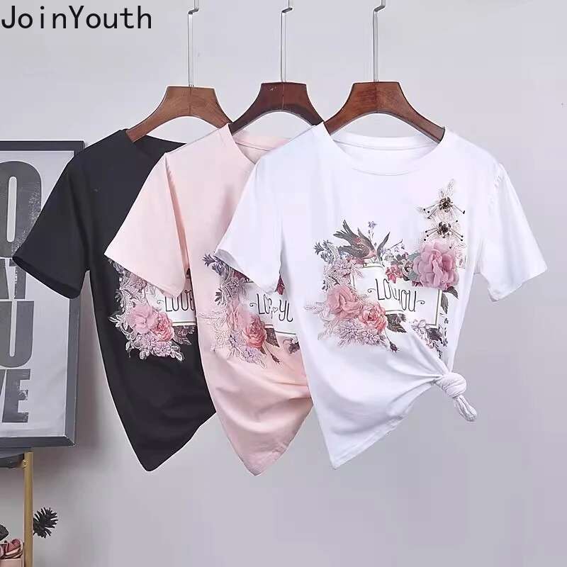 Two Piece Sets Womens Outfits Roupas Femme 3D Floral White Tshirts Tunic Hole Denim Pants Suit Fashion Korean Temperament Set