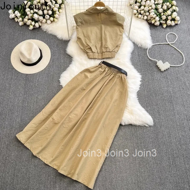 Skirt Outfits Women Two Piece Sets Slim Waist Sleeveless Drawstring Crop Tops High Waist A-line Skirt Suit Casua Chic Summer Set