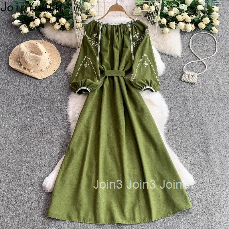 Vintage Dresses Womens Clothing 2025 Vestidos De Mujer O-neck Bandage Lantern Sleeve Robe Femme Chic Embroidery Summer Dress