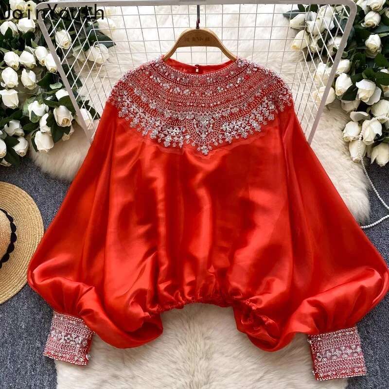 Camises De Mujer Heavy Beading Blouses for Women Lantern Sleeve Loose Shirts Solid Color Vintage Summer Blouse Temperament Tops