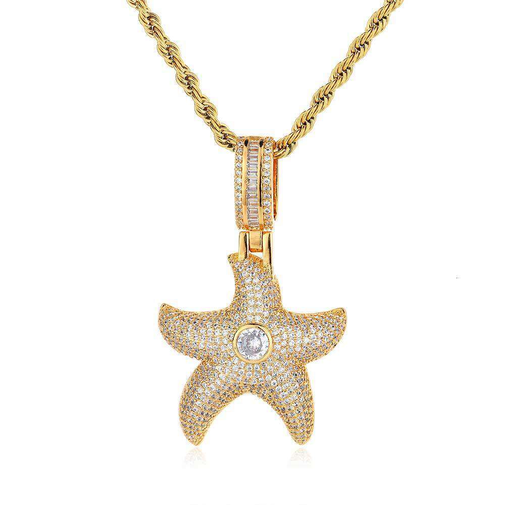 Hip Hop Micro Paved Zircon Pentagram Trendy Brand Personality Full Dia Starfish Pendant Men's Necklace 6c13