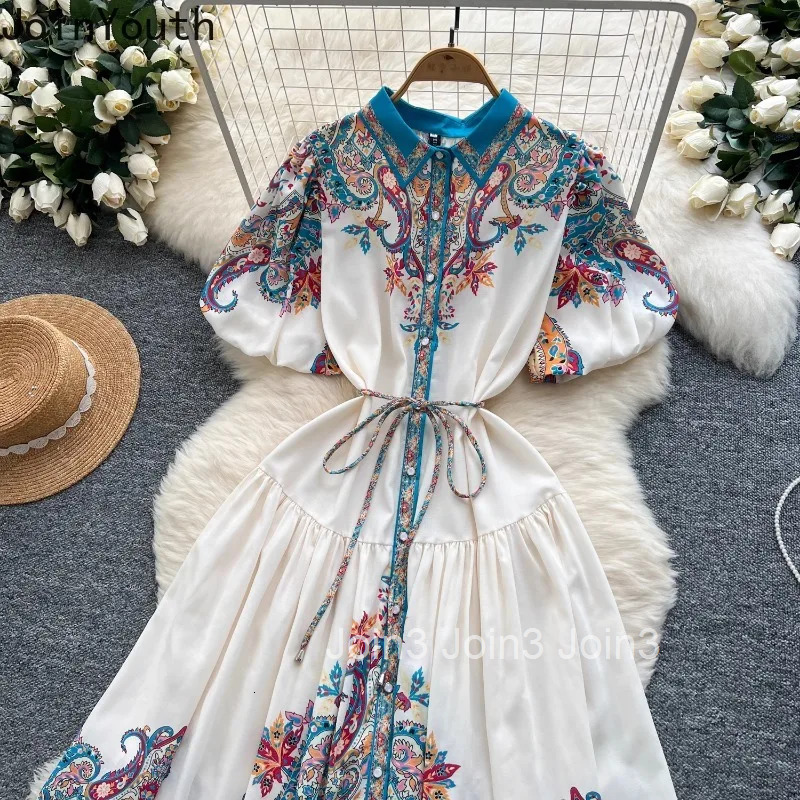 2025 Vestidos De Mujer Floral Short Sleeve Dresses Women Slim Waist Single Breasted A-line Robe Femme Vintage Summer Maxi Dress