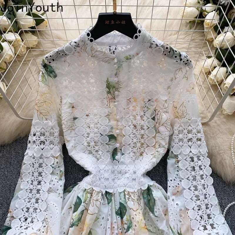 Temperament Robe Femme Chic Dresses for Women 2025 Vestidos De Mujer Slim Waist Floral Hollow Out Elegant Patchwork Lace Dress