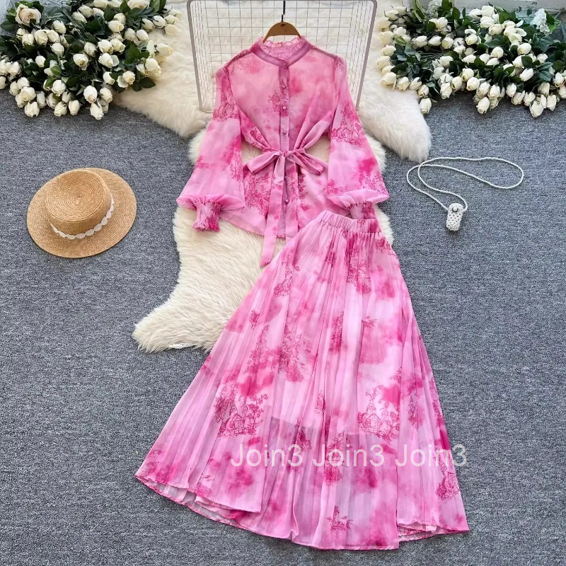 Floral Temperament Suit Summer 2 Piece Sets Women Clothing Lantern Sleeve Bandage Shirt High Waist Loose Pleated Skirts Outfits