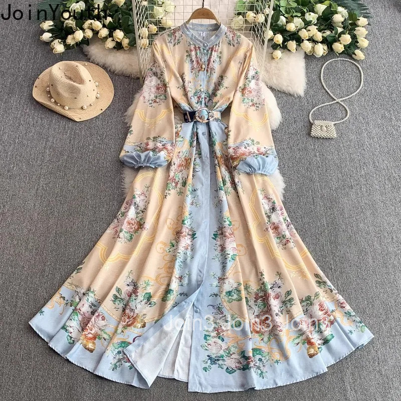Elegant Dress for Women Stand Neck Lantern Sleeve Print Robe Femme Single Breasted Vintage Maxi Dresses 2025 Vestidos De Mujer