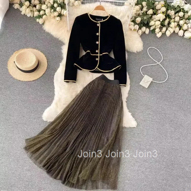 Skirt Outfits Korean Women Clothing Two Piece Sets Slim Waist Velvet Shirt High Waist Loose Pleated Skirts Suit Temperament Set