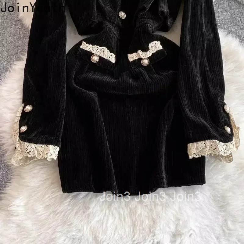Black Fake Two Dresses Women V-Neck Slim Fit Robe Femme 2025 Vestidos De Mujer Patchwork Lace Elegant Vintage Corduroy Dress