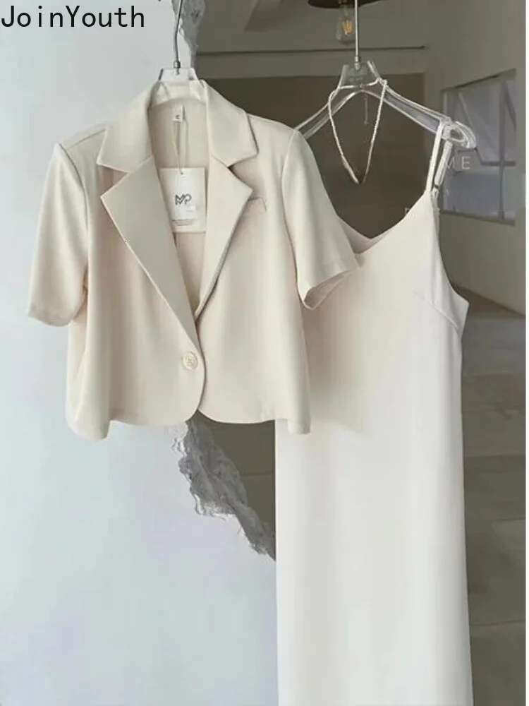 2025 Women Clothing Two Piece Sets Womens Outfits Short Sleeve Blazer Coat Tunic Sling Maxi Dress Suit Temperament Summer Set