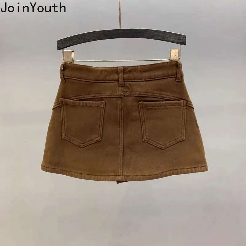 Temperament Jupe Brown Mini Skirts for Women 2025 Faldas Mujer De Moda High Waist Tunic Bodycon Y2k Skirt Fashion Korean Saia