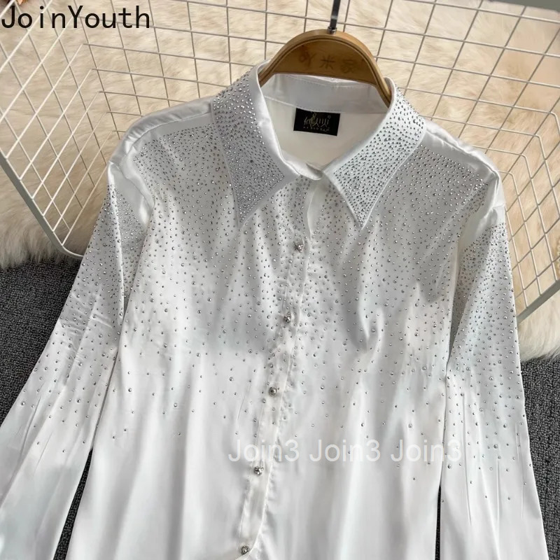 Camisas De Mujer White Blouses for Women Fashion Diamond Single Breasted Loose Tops Vintage Korean Temperament Blouse Shirts
