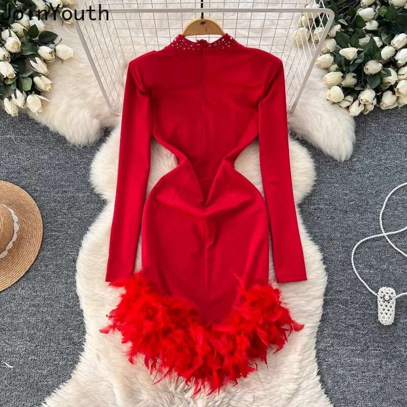 Temperament Sexy Robe Femme Half High Collar Tunic Dresses for Women 2025 Vestidos De Mujer Feather Diamond Bodycon Mini Dress