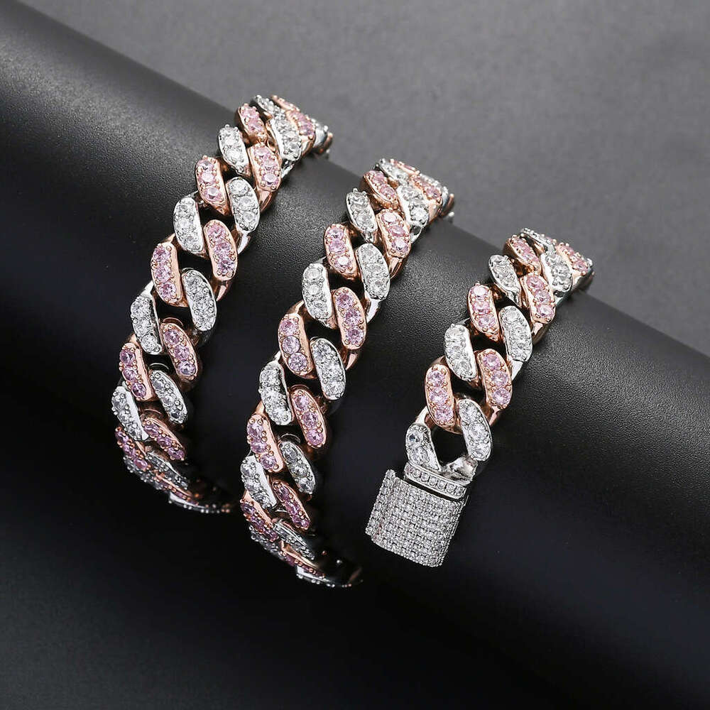 for Men 12mm Wide Micro Paved Pink White Zircon Cuban Necklace Bracelet Hip-Hop Trendy Accessories 0848