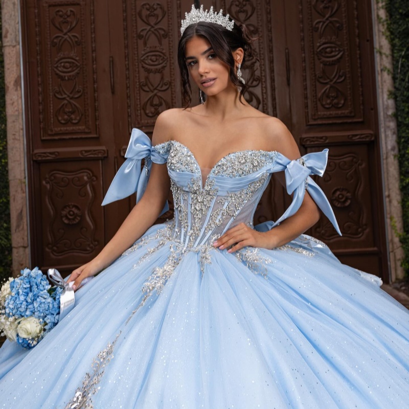 Sky Blue Shiny Quinceanera Dresses Ball Gown Off The Shoulder Applique Lace Beading Crystal Bow Tull Corset Sweet 16 Dress Vestidos 15 Anos