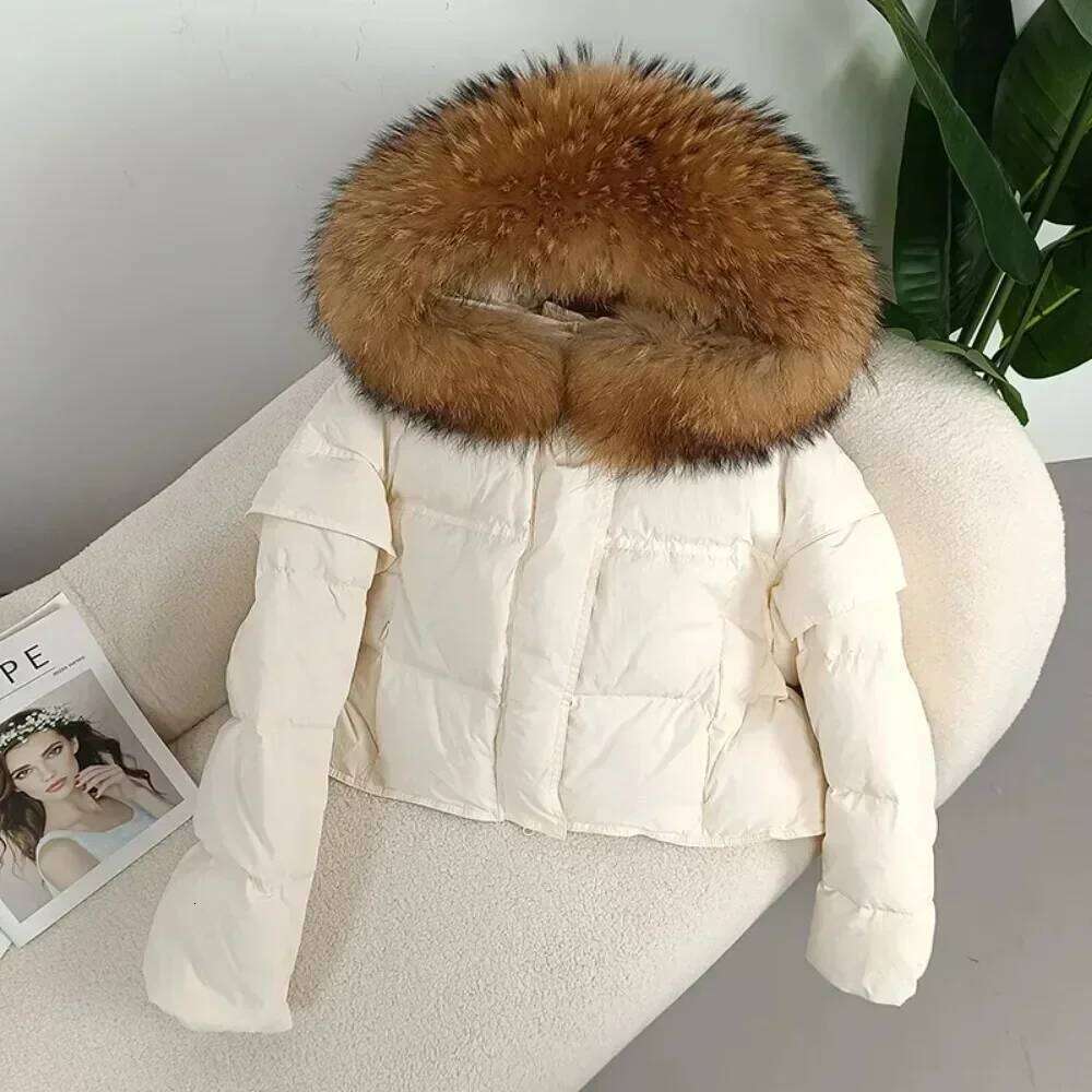 Designer Leisure High Quality Real Raccoon Fur Collar Hooded Detachable Sleeve Jacket Duck Down Loose Fashionable Streetwear Outerwear Autumn Winter W