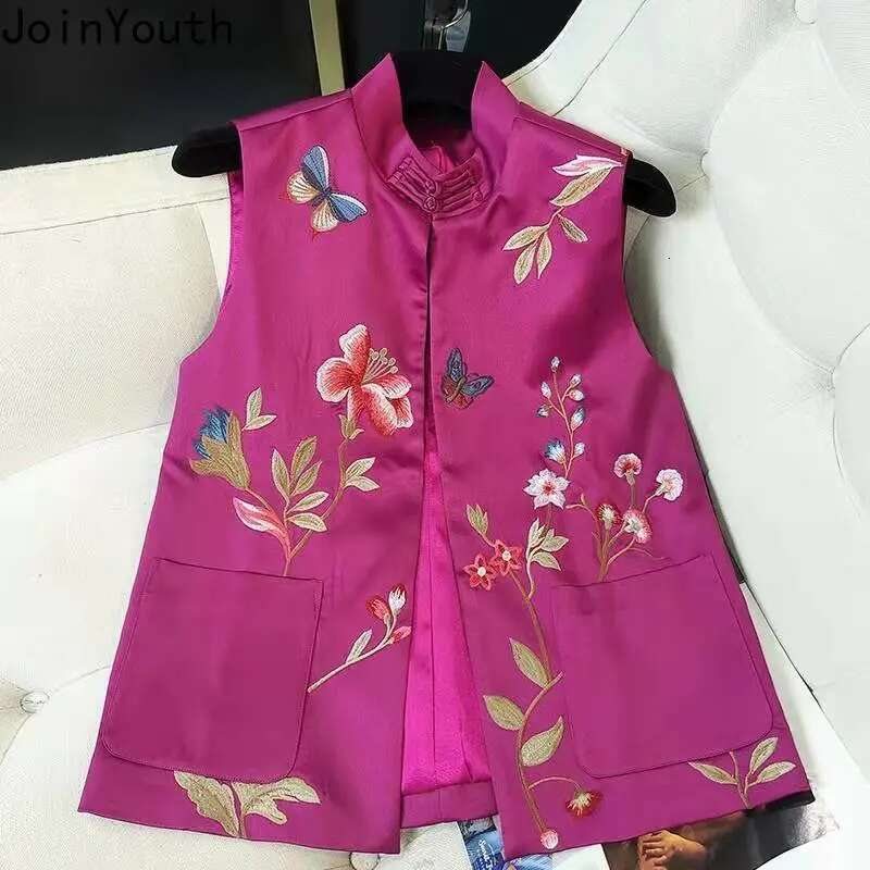 Black Vintage Vest for Women Stand Neck Sleeveless Floral Tanks Chinese Style Tunic Casual Waistcoat Tops Chalecos Para Mujer