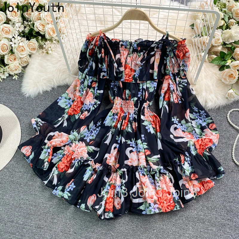 Women Jumpsuit Floral Summer Rompers Slash Neck Bandage Ruffles Wide Leg Pants Playsuit Fashion Off Shoulder Chiffon Jump Suit