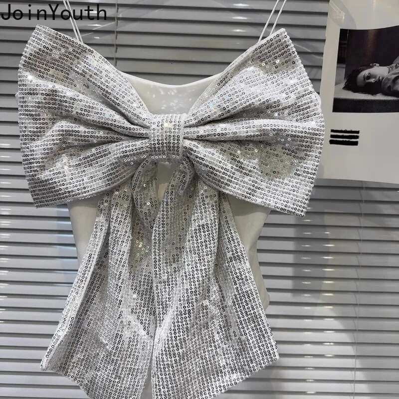 Y2k Top Harajuku Jumpsuit Camisole Vest 2025 Womens Clothing Heavy Sequin Bow Camis Sexy Tanks Fashion Summer Tees Ropa Mujer