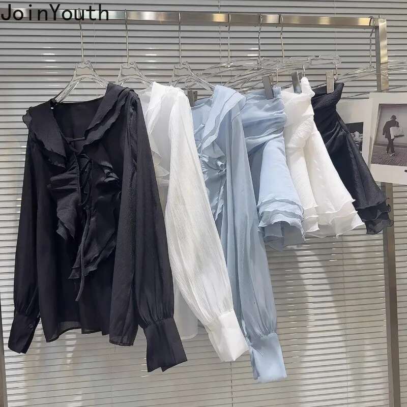 Skirt Suit Women Clothing Summer Two Piece Set V-neck Long Sleeve Blouse High Waist A-line Mini Skirt Outfits Chic Chiffon Sets