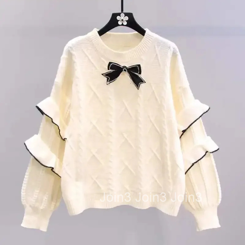 Oversized Pullovers Women Sueter Mujer 2025 Winter Clothing O-neck Ruffles Bow Jumper Fashion Sweet Knitted Sweater Pull Femme