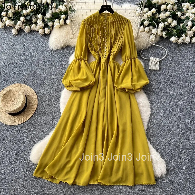 2025 Vestidos De Mujer Vintage Lantern Sleeve Dress Womens Clothing Single Breasted Slim Waist High Waist A-line Maxi Dresses