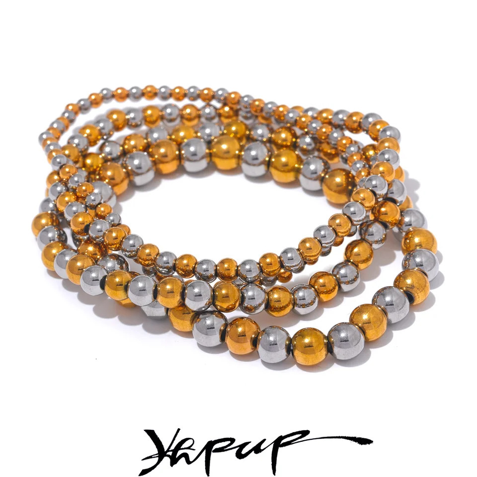 Yhpup 3456 MM Stainless Steel Beads Daily Handmade Elastic Bracelet Bangle Waterproof Wrist Wholesale Gold Color Jewelry Men 250606