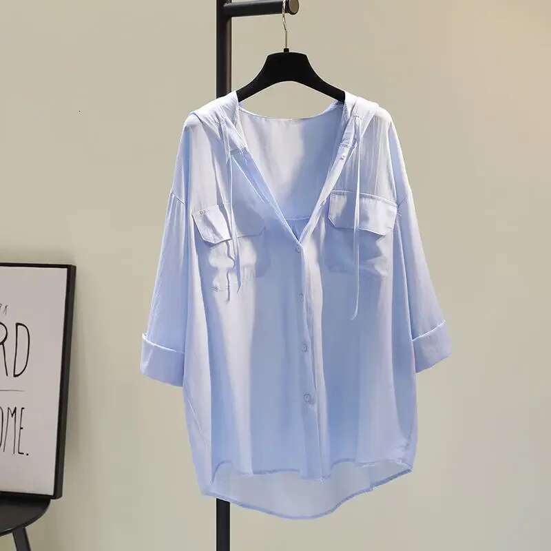 White Hooded Blouses 2025 Womens Clothing Pocket Long Sleeve Casual Oversized Tops Sun Protection Shirt Summer Camisas Mujer