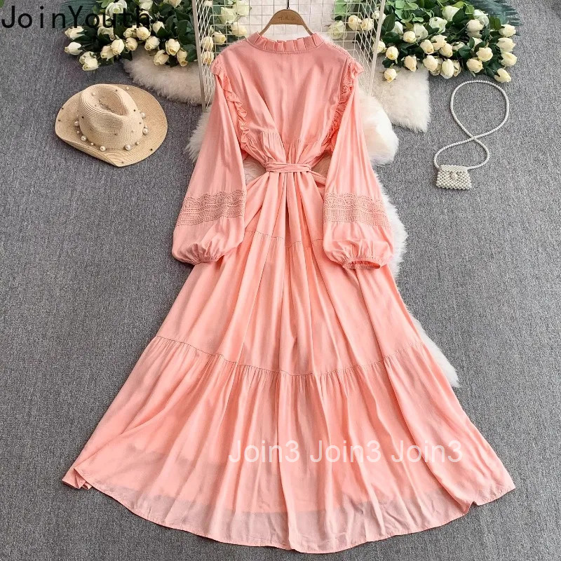 Maxi Dresses Women Ruffles Pink Robe Femme 2025 Vestidos De Mujer Patchwork Lace O-neck High Waist Bandage Elegant Summer Dress