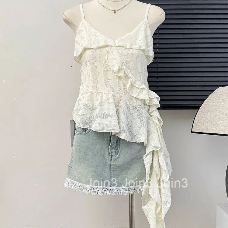 Y2k Crop Tops Fashion Sexy Tanks Womens Clothes Sleeveless Tunic Irregular Camis Patchwork Hole Ruffles Sweet Vest Ropa Mujer