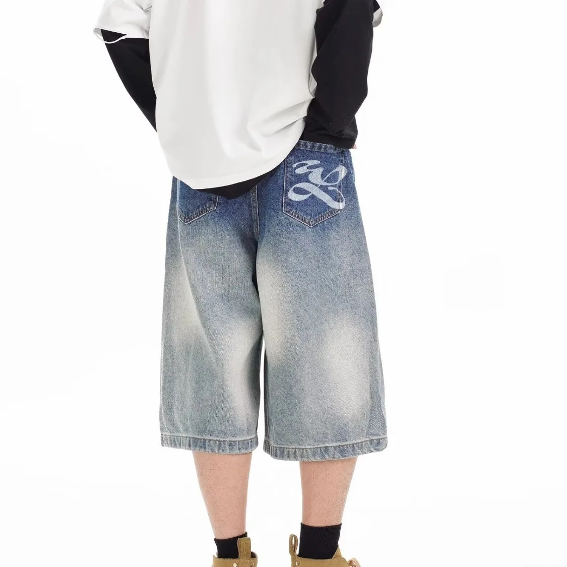 DM Mens Ripped Denim Shorts Vintage Knee Length Jean Shorts Streetwear Korean Oversize Cowboy Short Pants 250618
