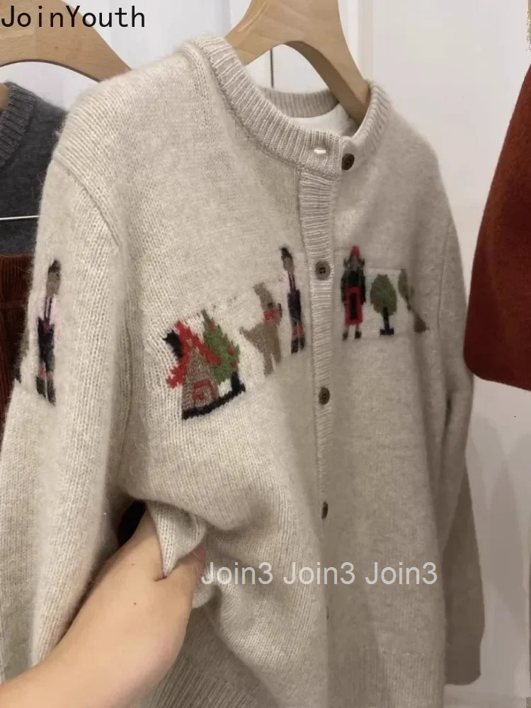 Pull Femme Cartoon Embroidery Knit Women Cardigan Jackets 2025 Ropa Mujer Fashion Vintage Sueter Mujer Oversized Sweater Tops