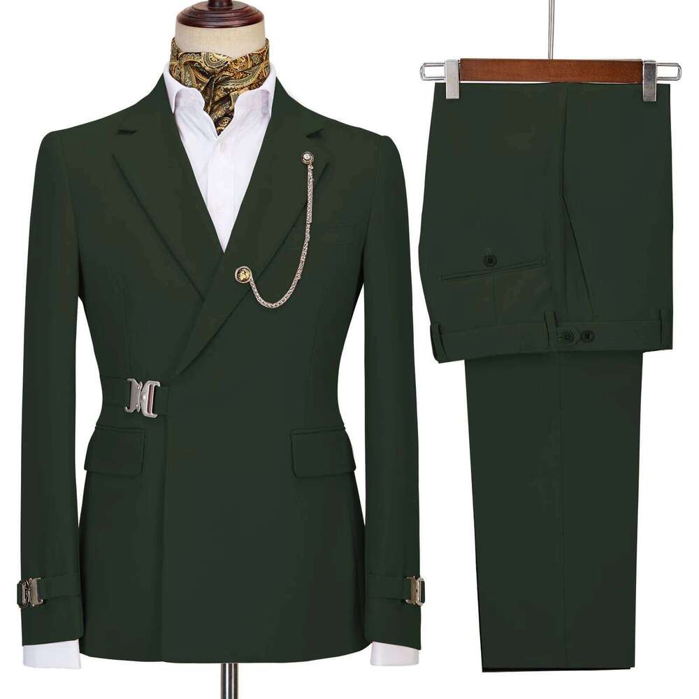 Elegant Men's 2 Pieces Fashion Metal Buckle Jacket Boutique Business Casual Suit Coat Groom Wedding Dress (Blazers+Pants)