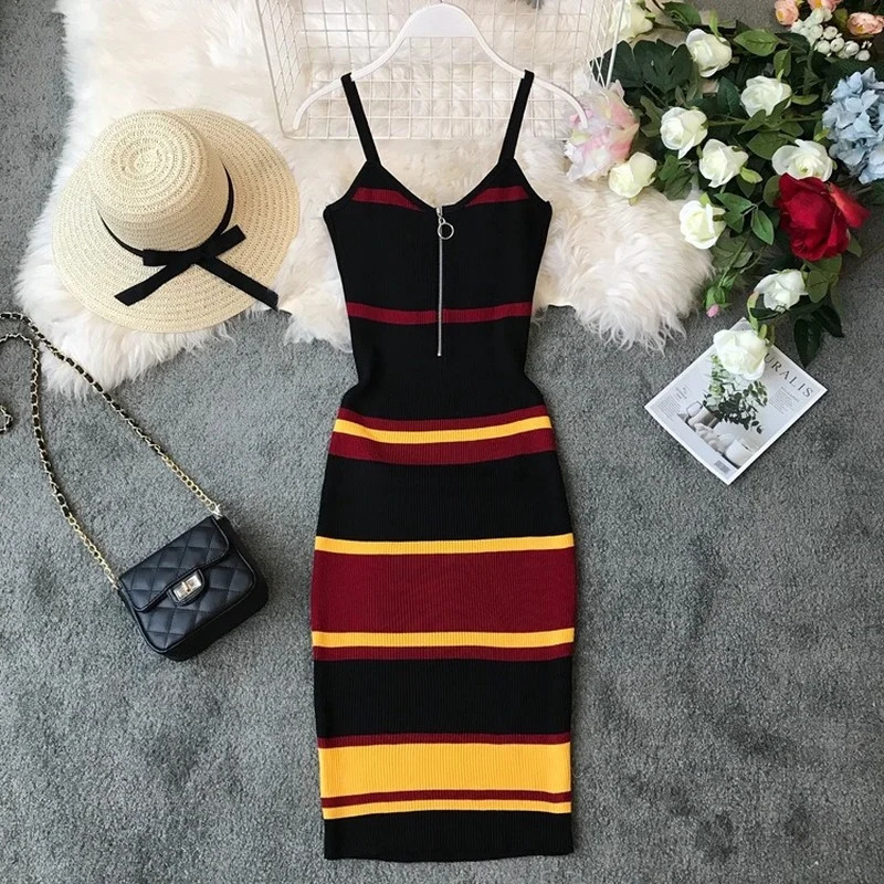 Women Sexy Knitted Dress Woman Dresses Colorblock High Waist ALine VNeck Sleeveless Patchwork Color Stripes Vestidos 250616