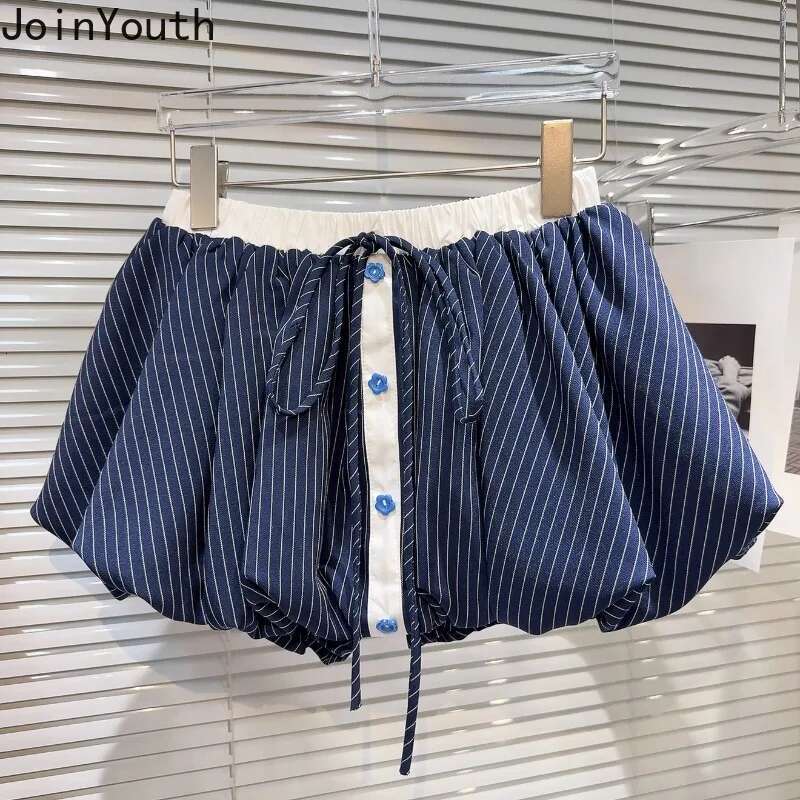 Women Clothing 2 Piece Set Roupas Femme Long Sleeve Loose Striped Blouse Bandage A-line Mini Skirt Outfits Fashion Summer Suit