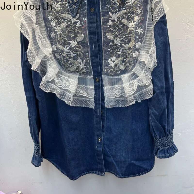 Fashion Blouse Women Clothes Denim Patchwork Lace Tops 2025 Blusas Mujer De Moda Casual Heavy Beading Sweet Korean Shirt Blouses